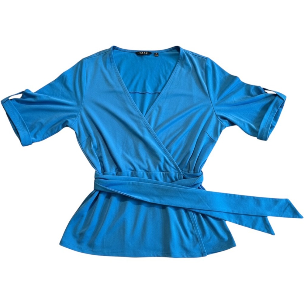IMAN Global Chic Blue Surplice Wrap Top Short Sleeve Belted 1X 22309